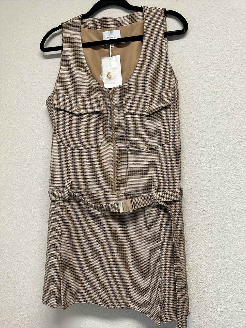 Elodie NWT Beige Brown Houndstooth Mini Dress with Belt